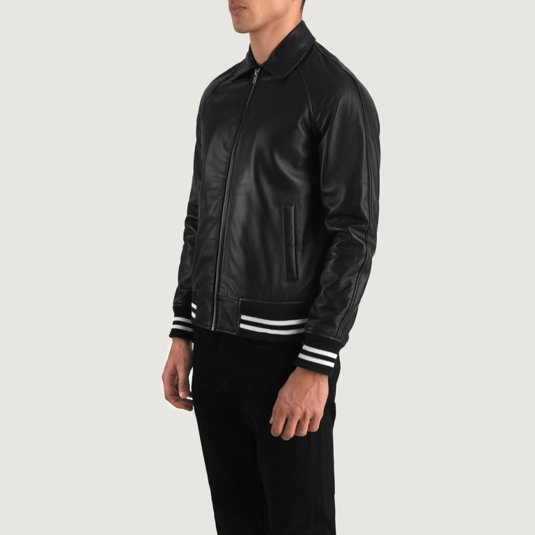 Mens Walton Black Leather Varsity Jacket Side Pose-3-1704116523439